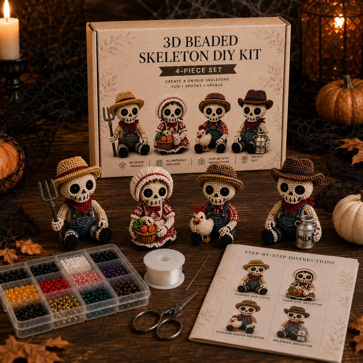 3D Beaded Skeleton DIY Kit &ndash; Halloween Craft Set with 4-Piece Spooky Figurines for Adults & Beginners