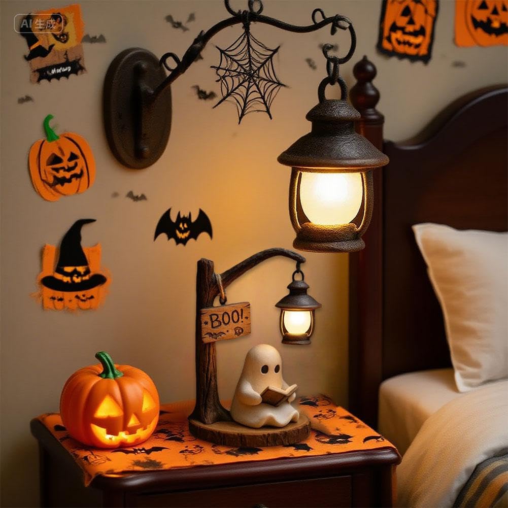 Cute Ghost Reading Lantern&ndash; 3D Resin Halloween Night Light with Cozy LED Glow for Desk & Home D&eacute;cor