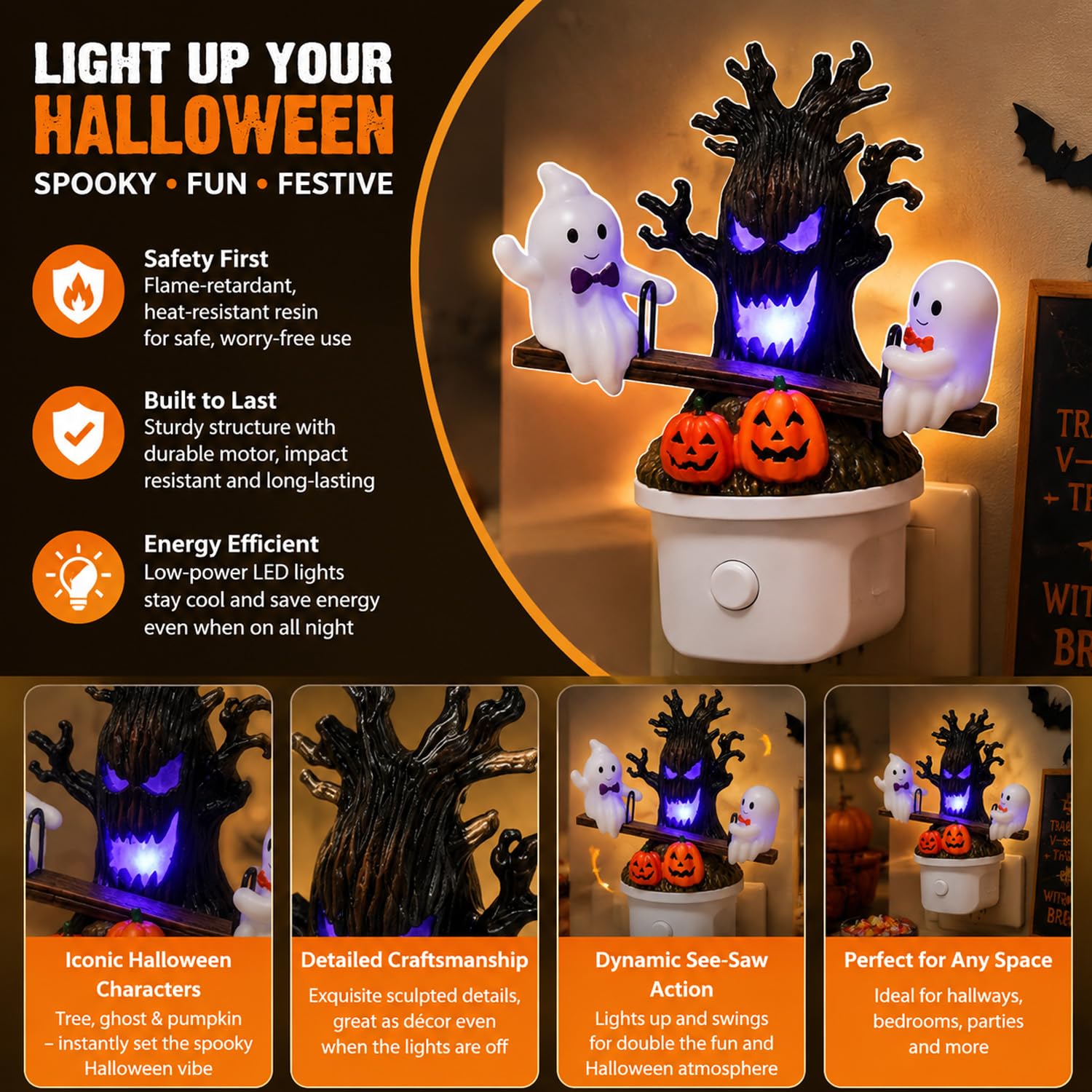 Animated Ghost Seesaw Halloween Night Light &ndash; Plug-In LED Wall Decor with Haunted Tree & Pumpkin Design