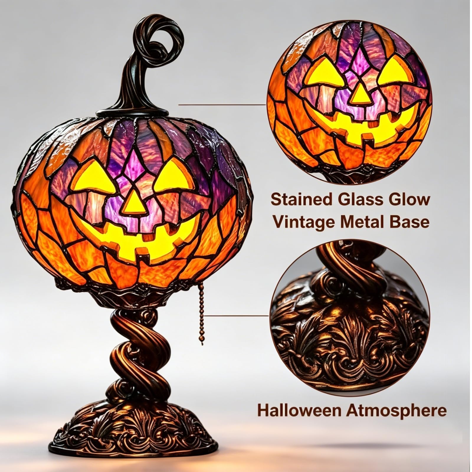 Stained Glass Pumpkin Table Lamp &ndash; Vintage Halloween Jack-O&rsquo;-Lantern Night Light USB Powered Desk Decor