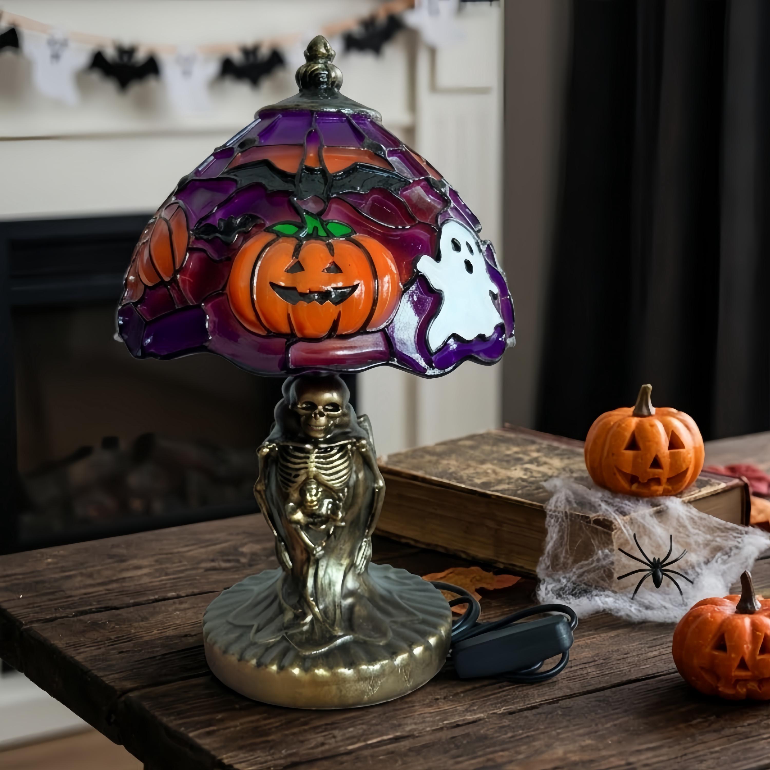 Halloween Stained Glass Night Light – Gothic Bat & Pumpkin Resin Table Lamp for Spooky Home Decor