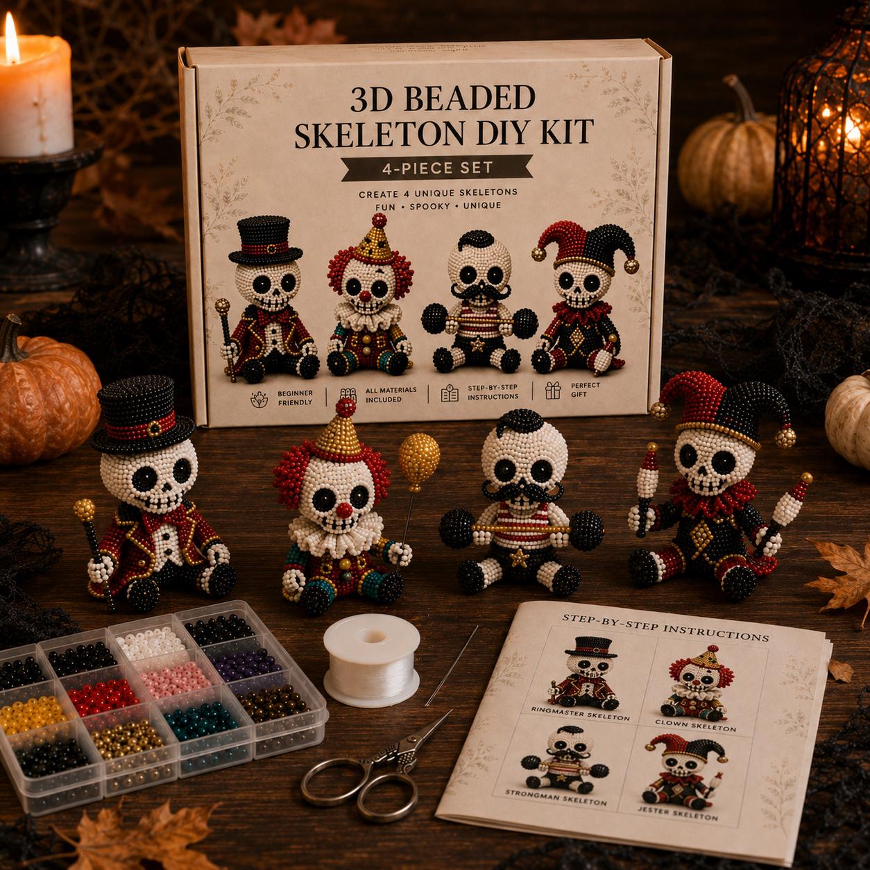 3D Beaded Skeleton DIY Kit &ndash; Halloween Craft Set with 4-Piece Spooky Figurines for Adults & Beginners