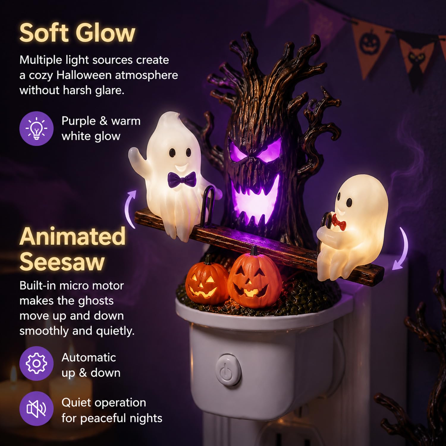 Animated Ghost Seesaw Halloween Night Light &ndash; Plug-In LED Wall Decor with Haunted Tree & Pumpkin Design
