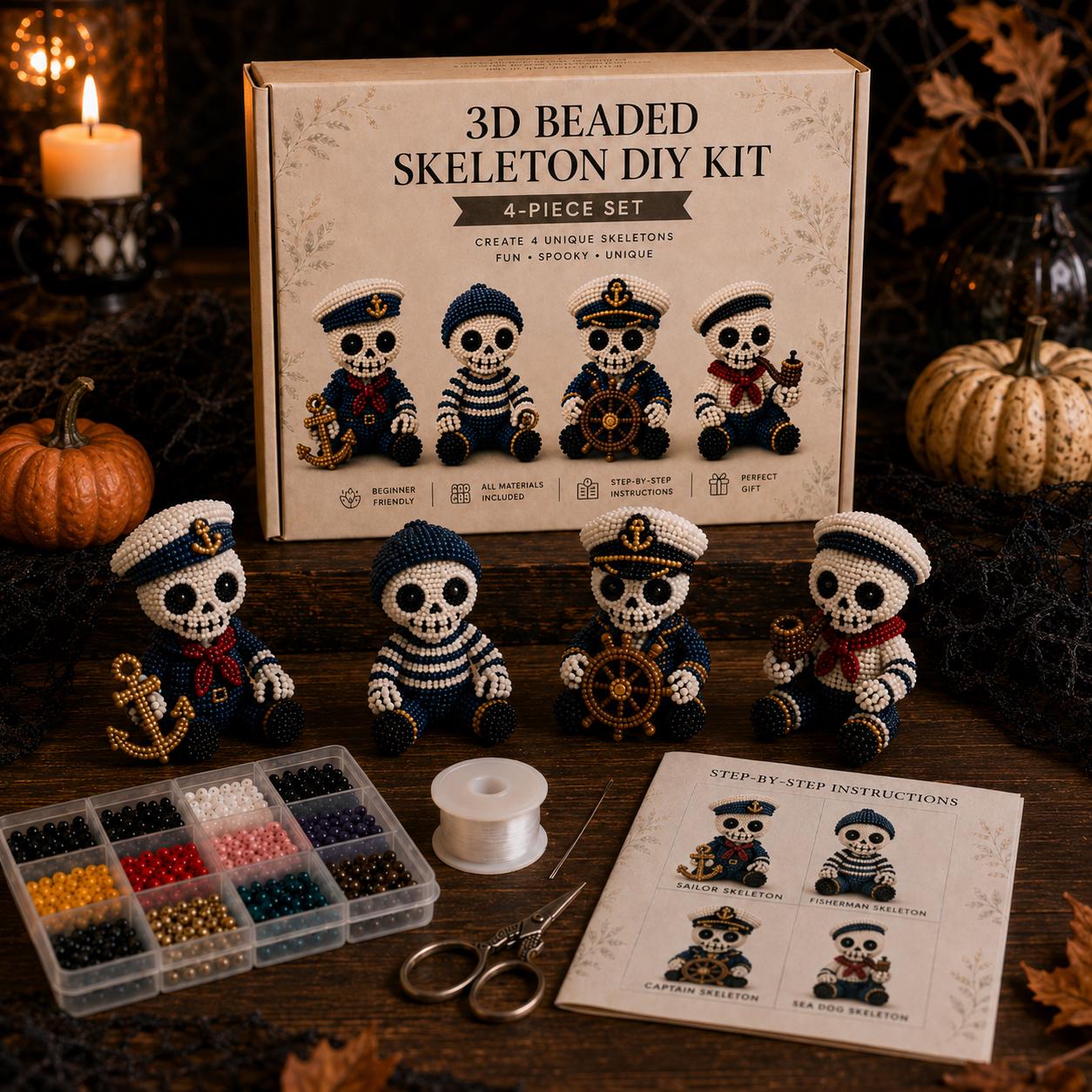 3D Beaded Skeleton DIY Kit &ndash; Halloween Craft Set with 4-Piece Spooky Figurines for Adults & Beginners