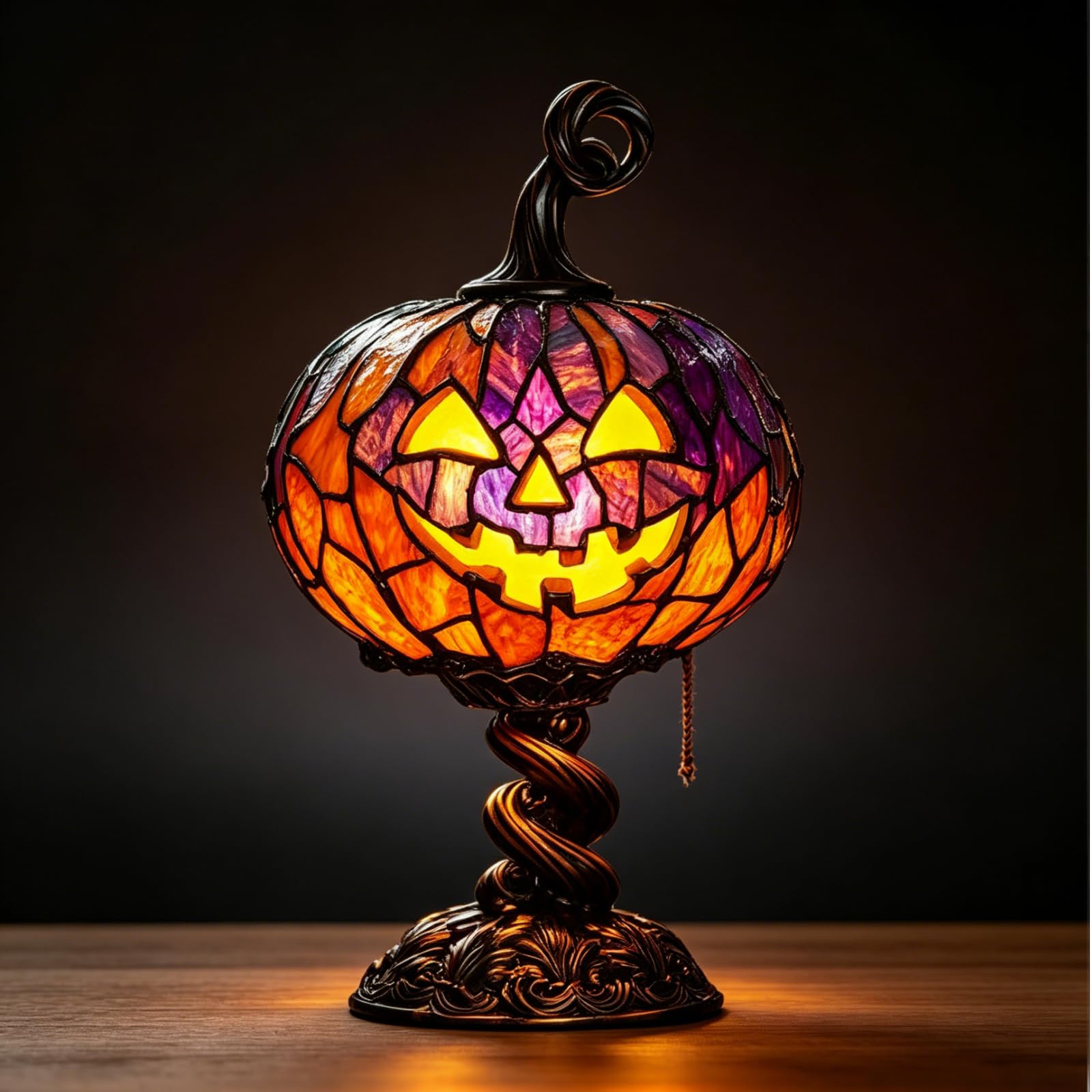 Stained Glass Pumpkin Table Lamp &ndash; Vintage Halloween Jack-O&rsquo;-Lantern Night Light USB Powered Desk Decor