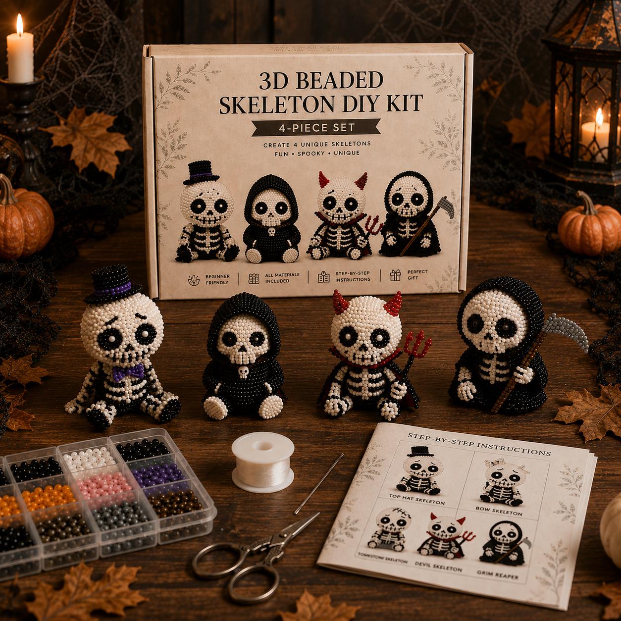 3D Beaded Skeleton DIY Kit &ndash; Halloween Craft Set with 4-Piece Spooky Figurines for Adults & Beginners