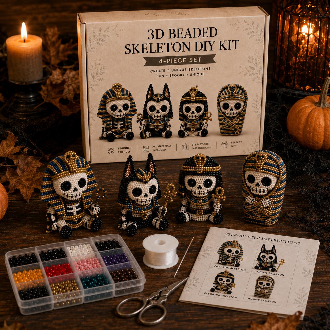 3D Beaded Skeleton DIY Kit &ndash; Halloween Craft Set with 4-Piece Spooky Figurines for Adults & Beginners