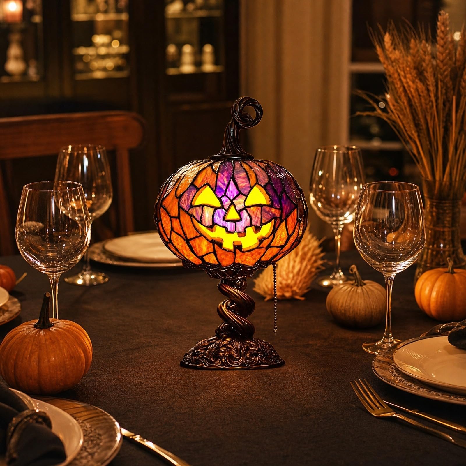 Stained Glass Pumpkin Table Lamp &ndash; Vintage Halloween Jack-O&rsquo;-Lantern Night Light USB Powered Desk Decor