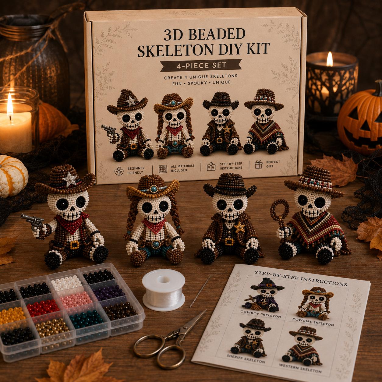 3D Beaded Skeleton DIY Kit &ndash; Halloween Craft Set with 4-Piece Spooky Figurines for Adults & Beginners
