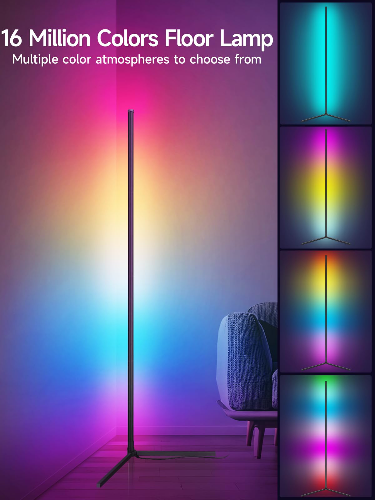 Smart RGB Corner Floor Lamp – 16M Colors, Music Sync, App & Remote, Color-Changing Ambient Lighting for Living Rooms, Bedrooms & Gaming Setup