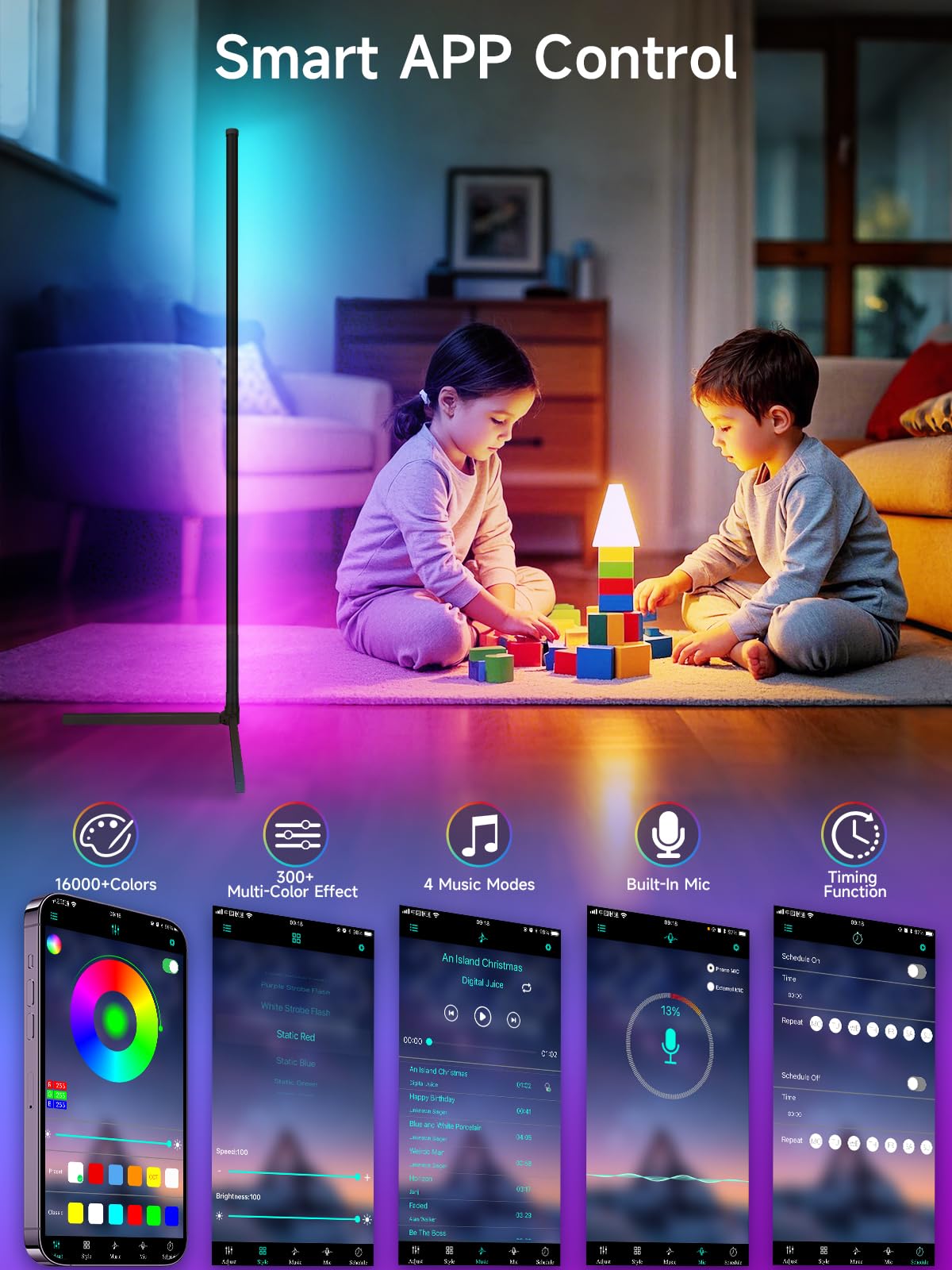 Smart RGB Corner Floor Lamp – 16M Colors, Music Sync, App & Remote, Color-Changing Ambient Lighting for Living Rooms, Bedrooms & Gaming Setup