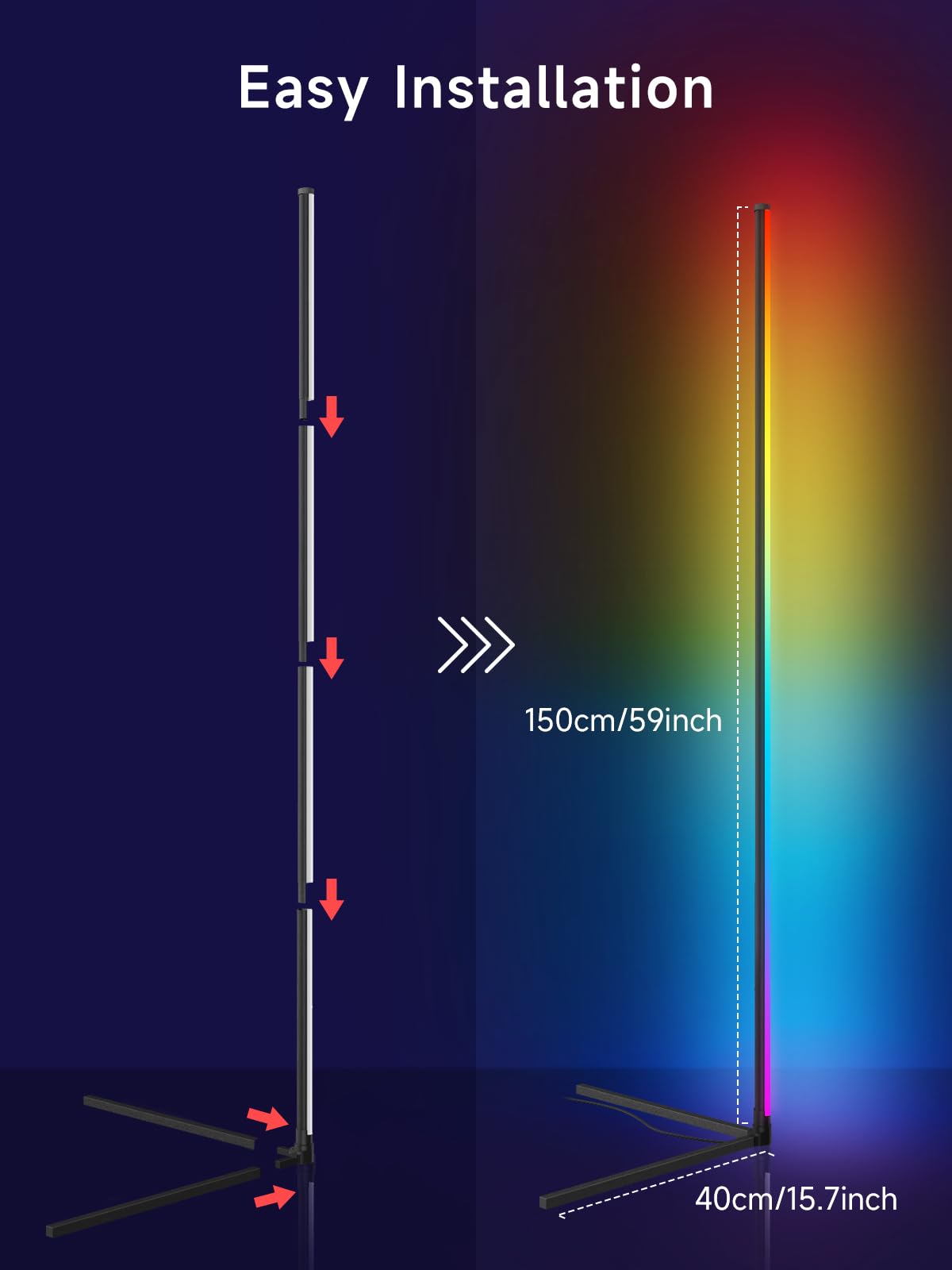 Smart RGB Corner Floor Lamp – 16M Colors, Music Sync, App & Remote, Color-Changing Ambient Lighting for Living Rooms, Bedrooms & Gaming Setup