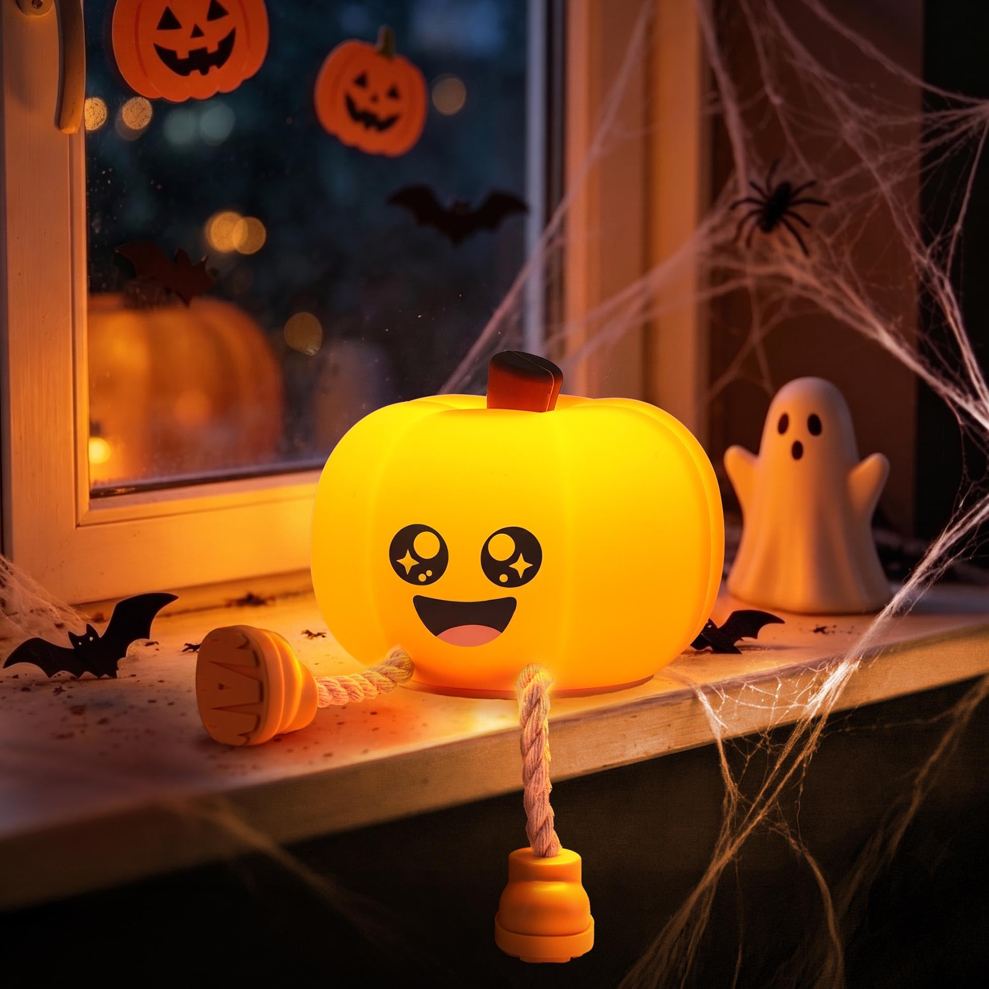 Cute Ghost Night Light &ndash; Rechargeable Dimmable Halloween Silicone Lamp with Tap Control for Bedroom & Nursery Decor