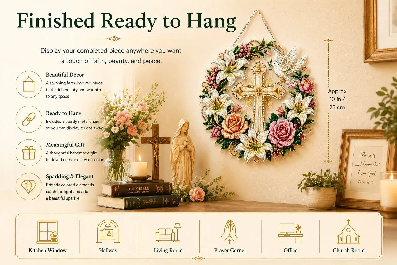 Cross & Dove Diamond Art Hanging Ornament Kit &ndash; 3D Sparkling DIY Craft with Flowers for Faith-Inspired Home