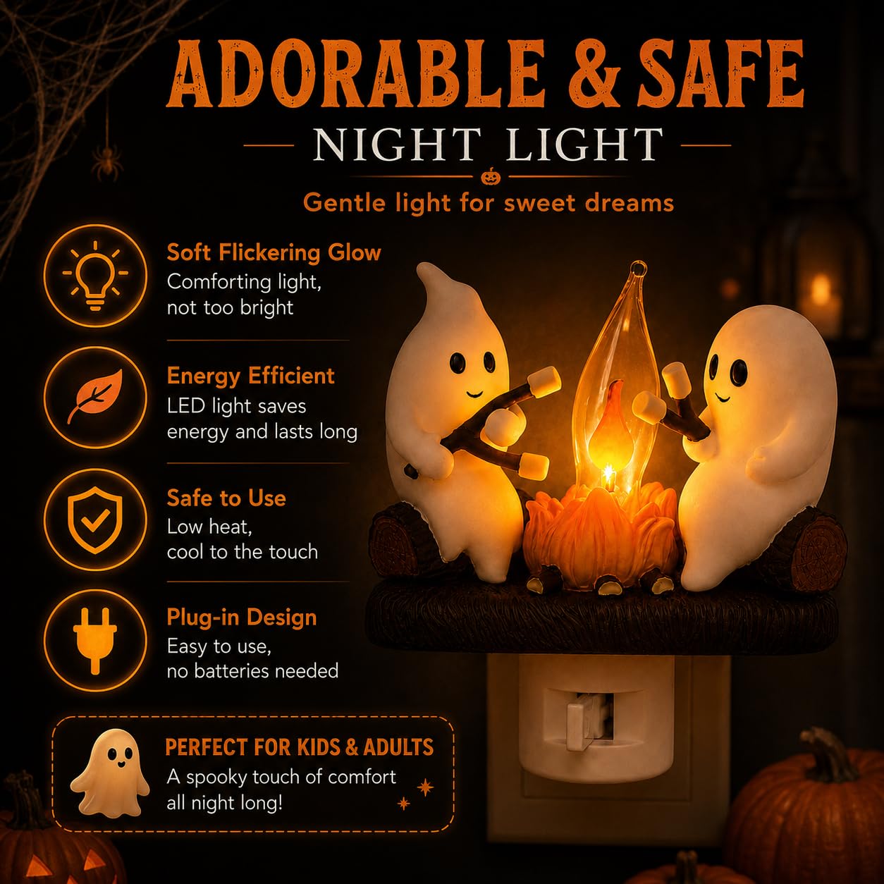 Ghost Campfire Night Light &ndash; Cute Halloween Plug-In Wall Lamp with Flickering Flame Effect for Cozy Spooky Home D&eacute;cor