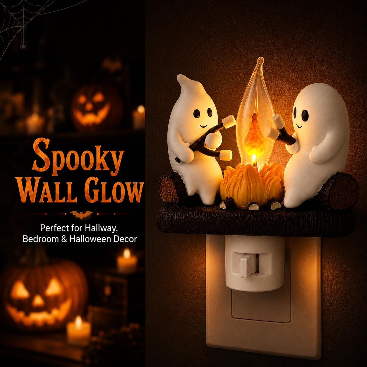 Ghost Campfire Night Light &ndash; Cute Halloween Plug-In Wall Lamp with Flickering Flame Effect for Cozy Spooky Home D&eacute;cor
