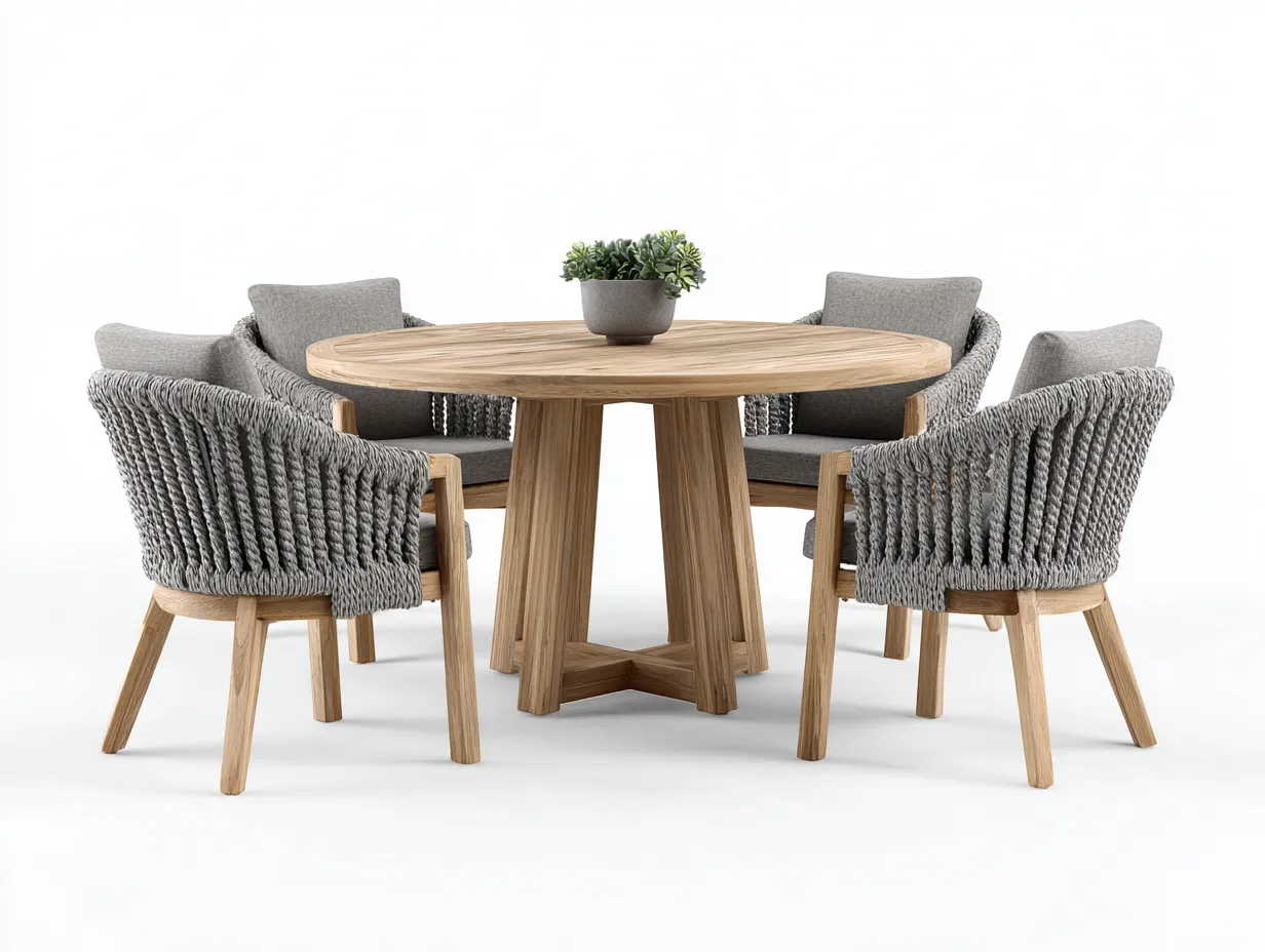 Salon de jardin repas-bois-corde-120x120x75 cm-marron-gris-style moderne-Casamyhut