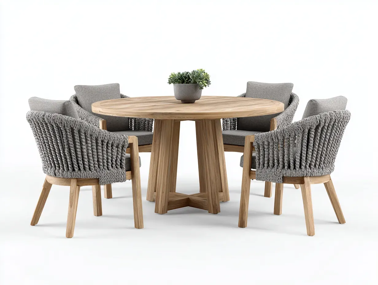 Salon de jardin repas-bois-corde-120x120x75 cm-marron-gris-style moderne-Casamyhut