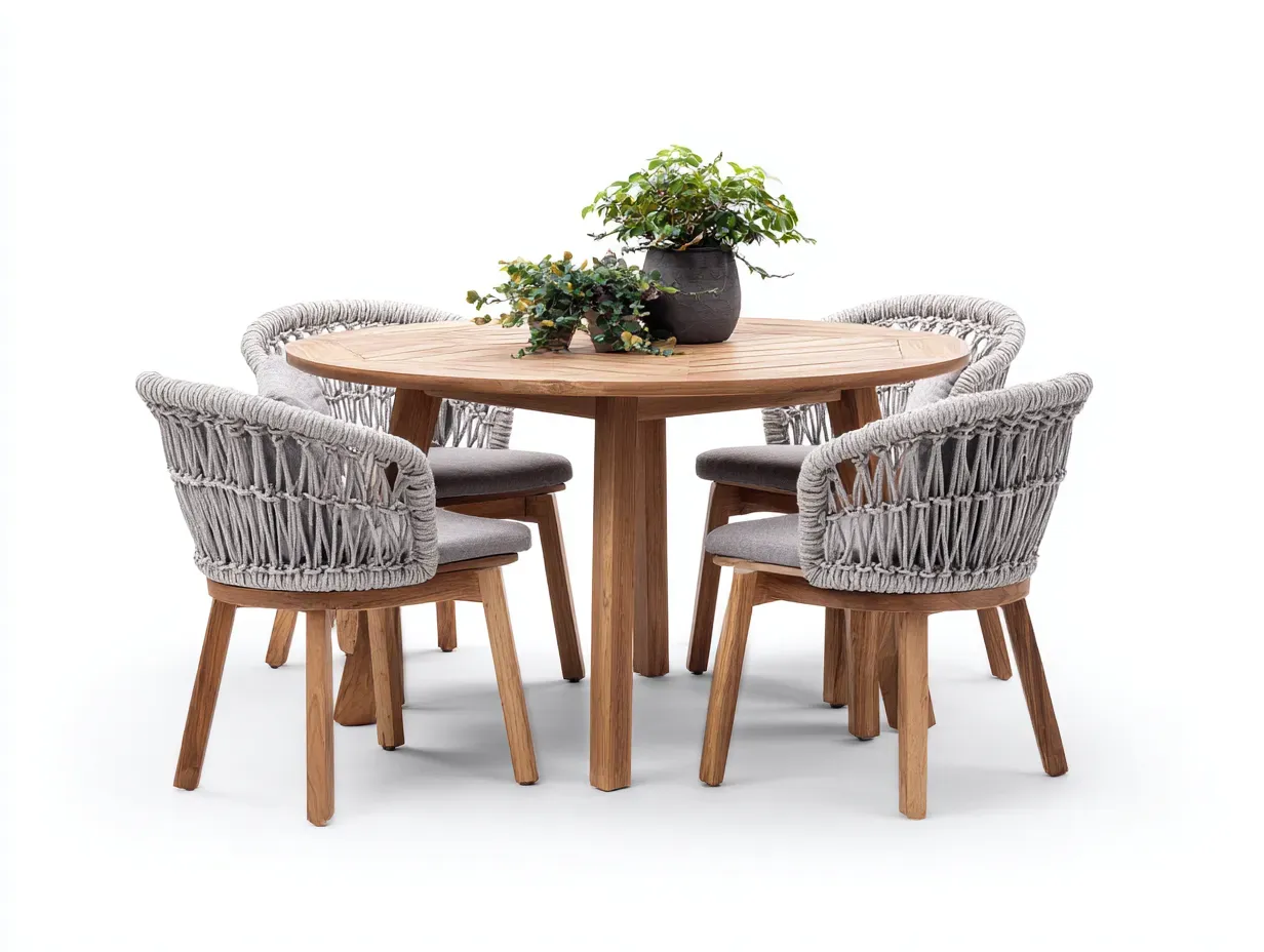 Salon de jardin repas-bois-corde-115x115x75 cm-marron-gris-style naturel contemporain-Casamyhut