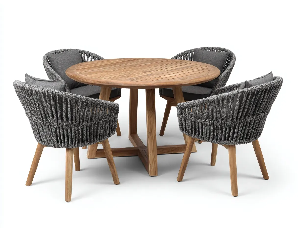 Salon de jardin repas-bois-corde-125x125x75 cm-marron-gris-style moderne épuré-Casamyhut