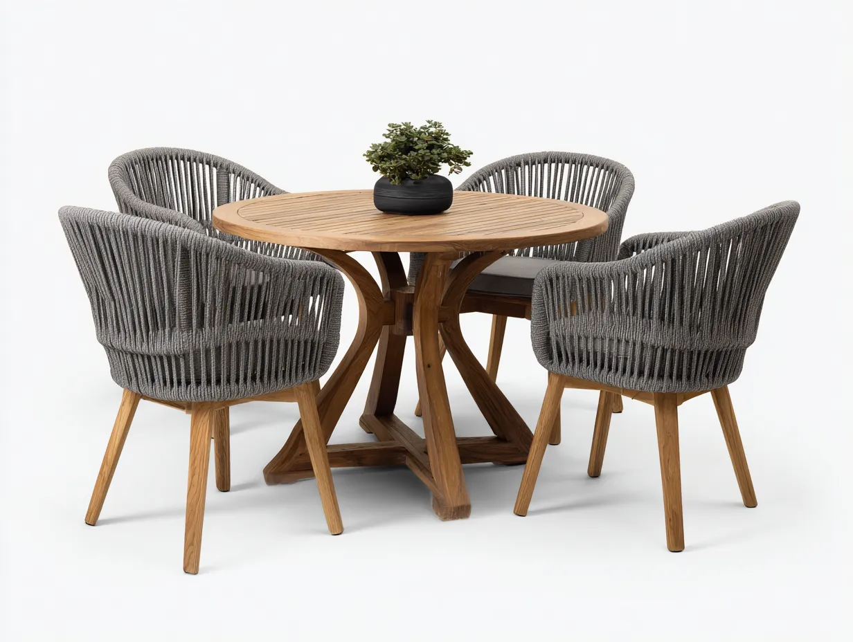 Salon de jardin repas-bois-corde-110x110x74 cm-marron-gris-style naturel moderne-Casamyhut