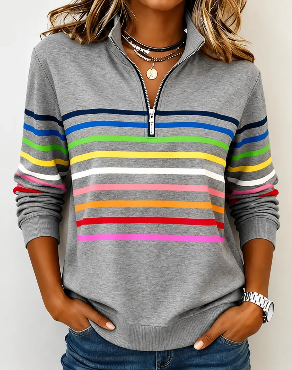 🛒Clearance Sale🔥 Women's Vibrant Striped Half-Zip Casual Sweatshirt