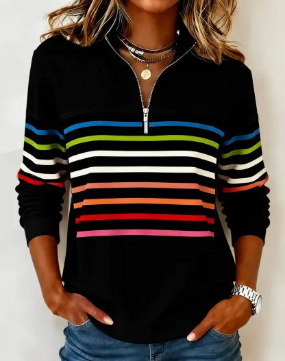 🛒Clearance Sale🔥 Women's Vibrant Striped Half-Zip Casual Sweatshirt