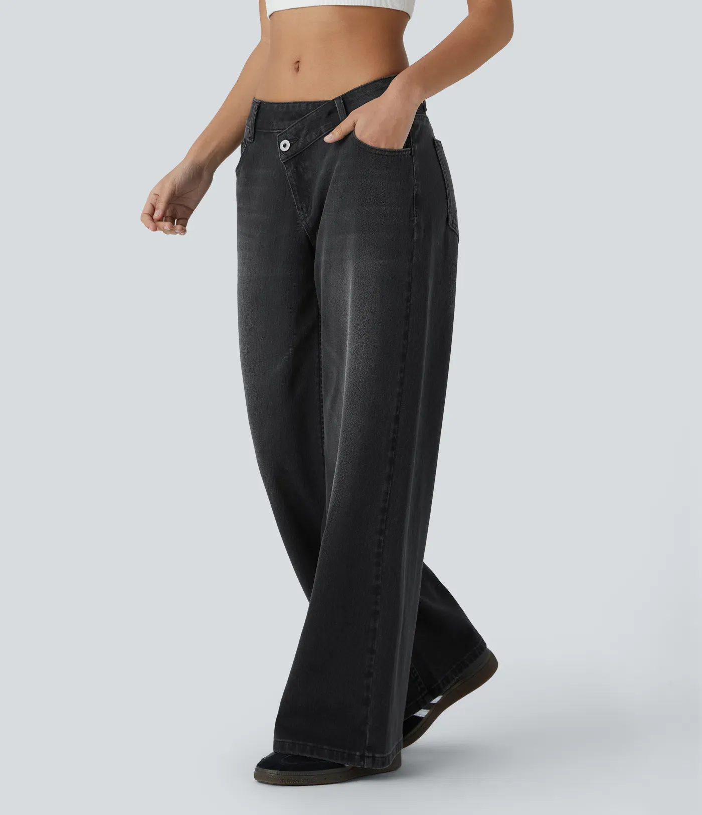 Asymmetric Low Rise Zipper Pockets Baggy Wide Leg Washed Casual Jeans