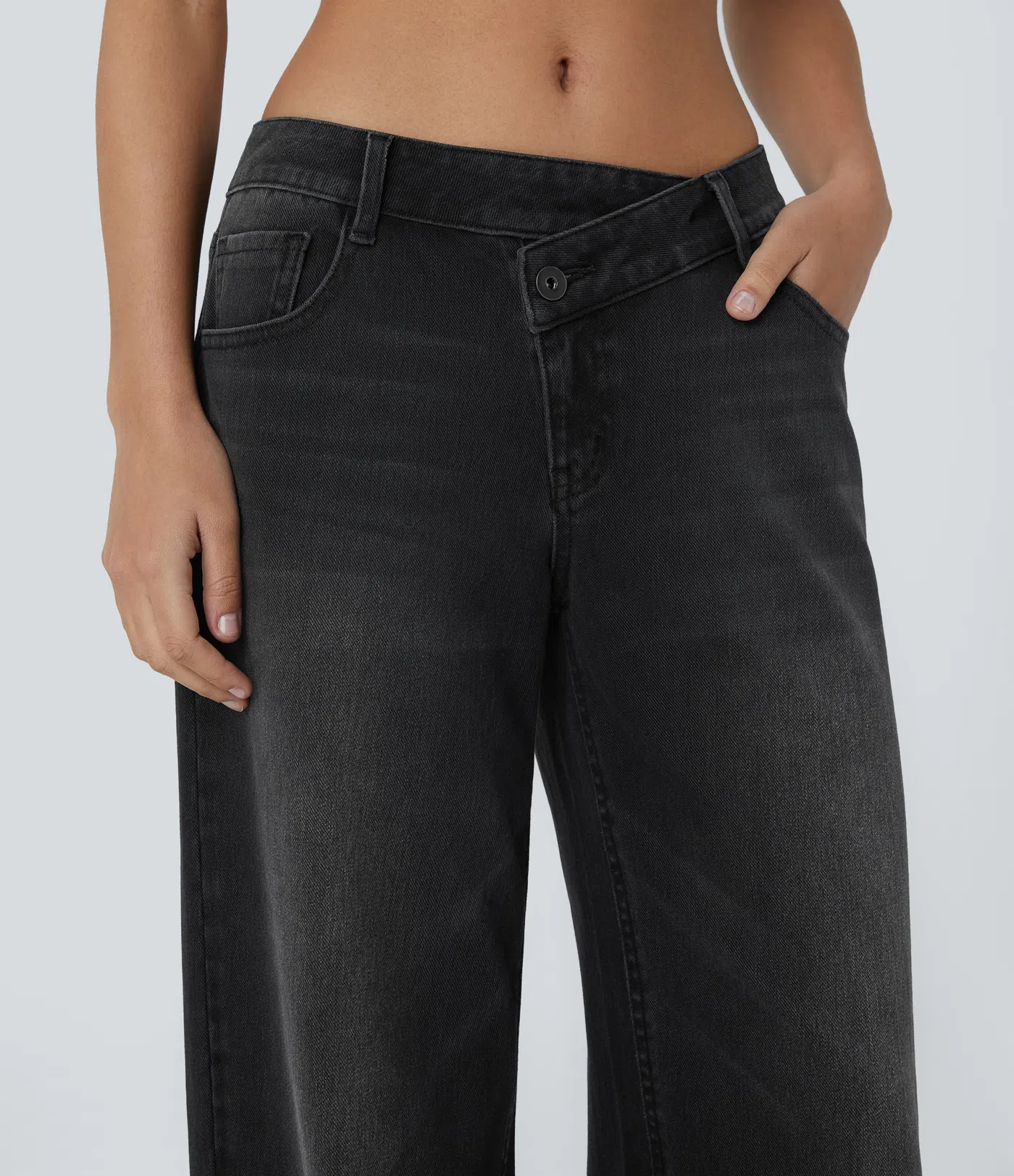 Asymmetric Low Rise Zipper Pockets Baggy Wide Leg Washed Casual Jeans