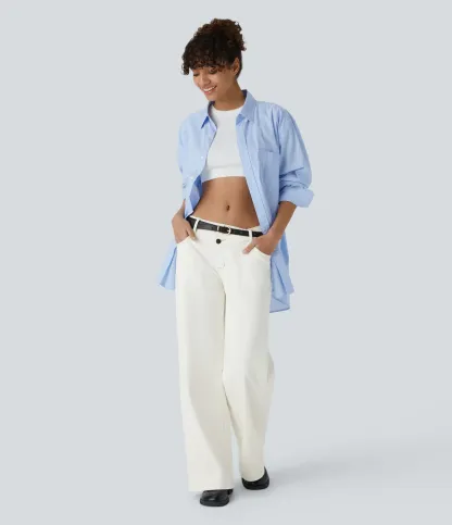 Asymmetric Low Rise Zipper Pockets Baggy Wide Leg Washed Casual Jeans