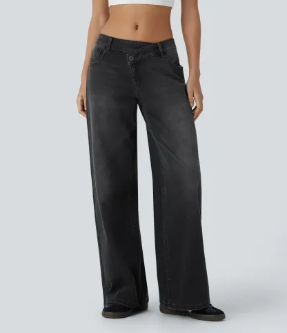 Asymmetric Low Rise Zipper Pockets Baggy Wide Leg Washed Casual Jeans