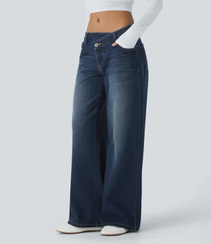 Asymmetric Low Rise Zipper Pockets Baggy Wide Leg Washed Casual Jeans