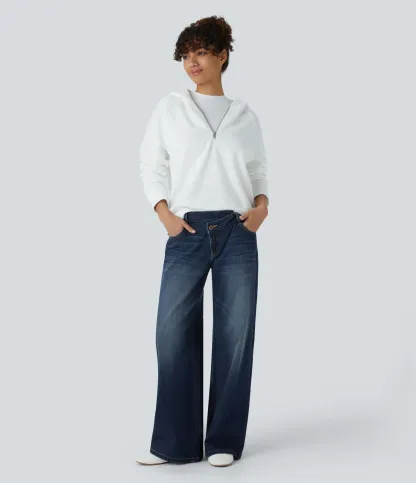 Asymmetric Low Rise Zipper Pockets Baggy Wide Leg Washed Casual Jeans