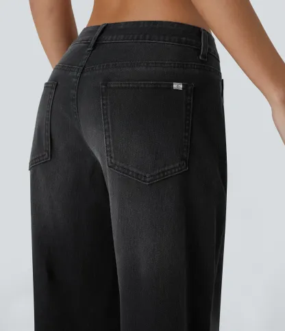 Asymmetric Low Rise Zipper Pockets Baggy Wide Leg Washed Casual Jeans