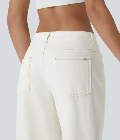 Asymmetric Low Rise Zipper Pockets Baggy Wide Leg Washed Casual Jeans