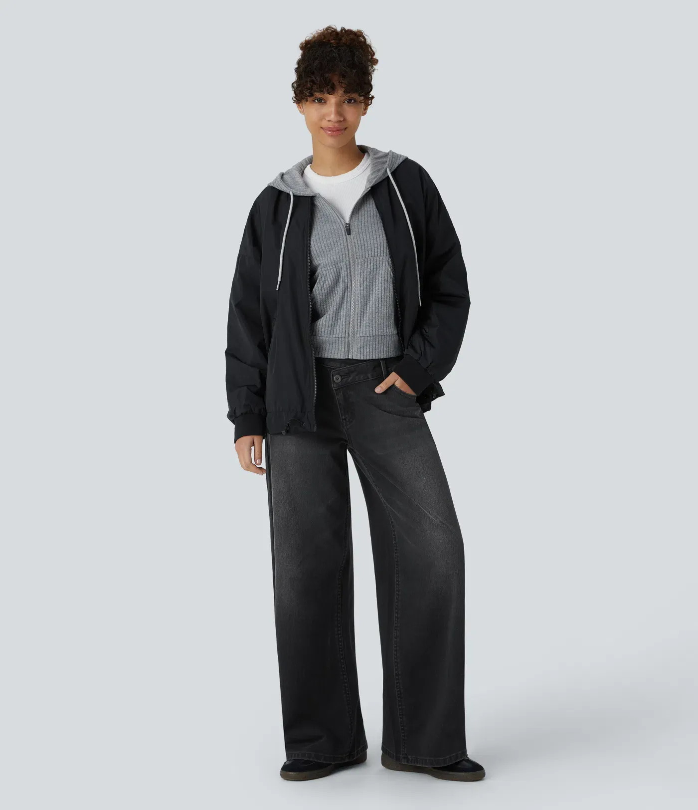Asymmetric Low Rise Zipper Pockets Baggy Wide Leg Washed Casual Jeans