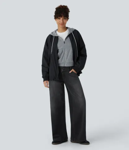 Asymmetric Low Rise Zipper Pockets Baggy Wide Leg Washed Casual Jeans