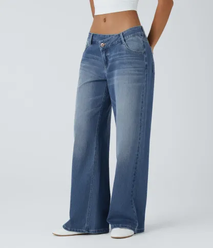 Asymmetric Low Rise Zipper Pockets Baggy Wide Leg Washed Casual Jeans