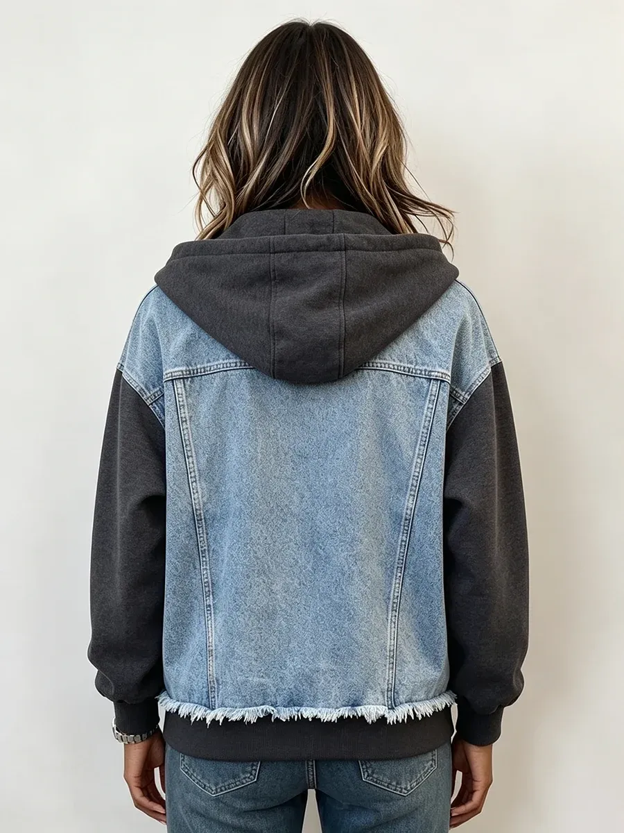 Western Spliced Zip‑Up Denim Hooded Jacket