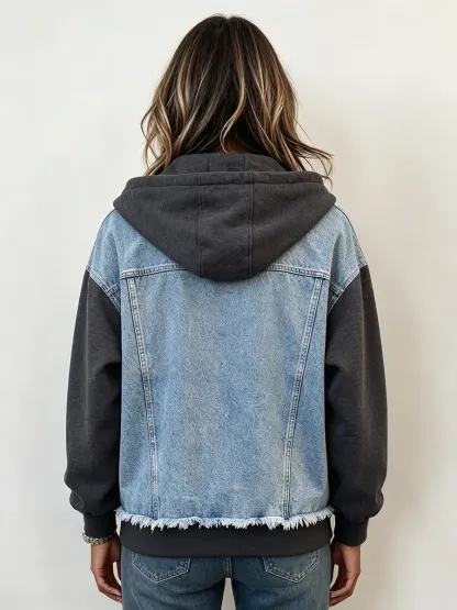 Western Spliced Zip‑Up Denim Hooded Jacket