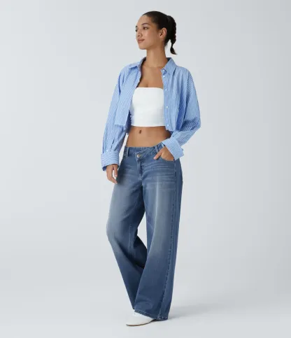 Asymmetric Low Rise Zipper Pockets Baggy Wide Leg Washed Casual Jeans