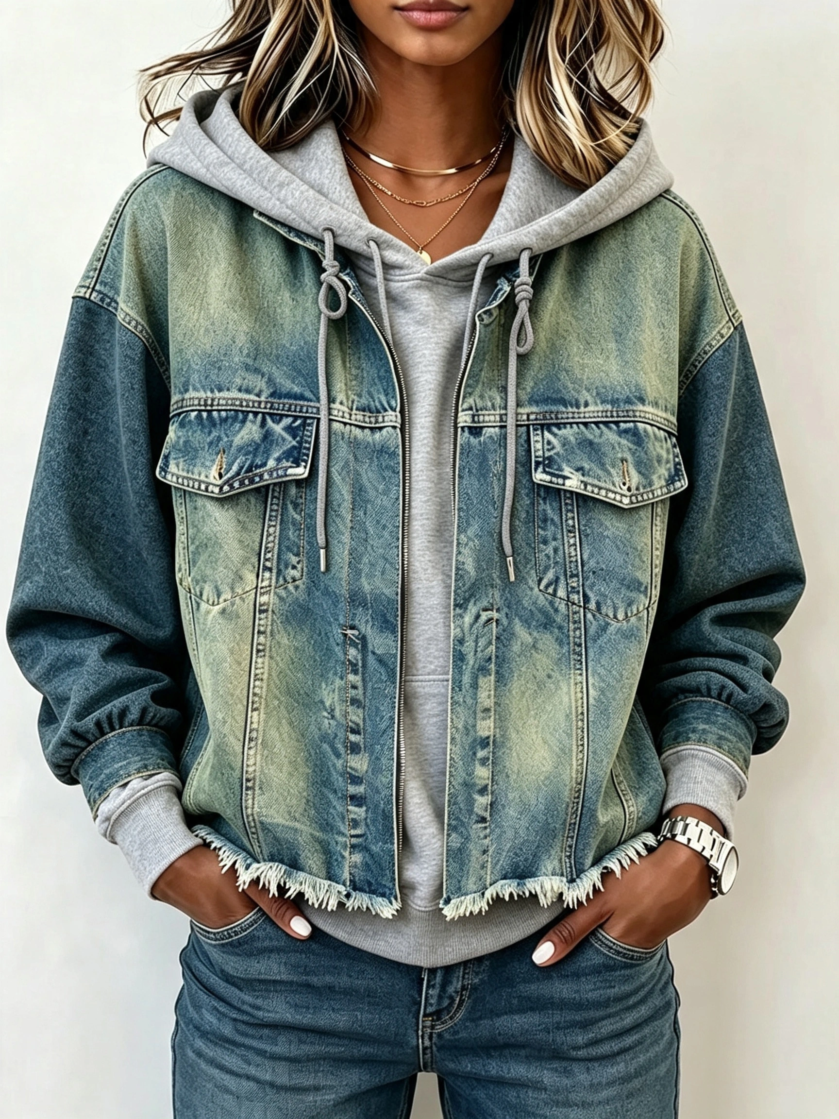 Western Spliced Zip‑Up Denim Hooded Jacket