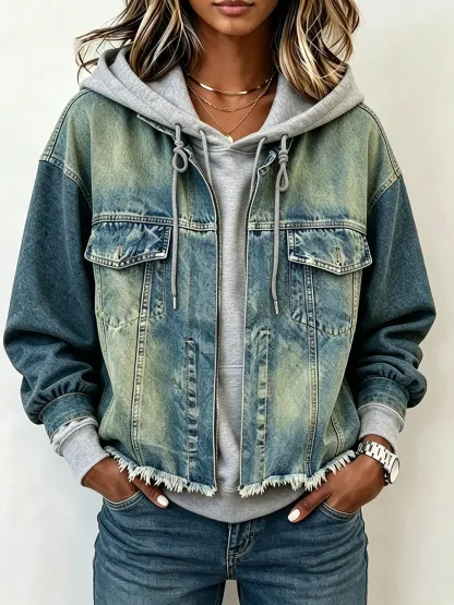 Western Spliced Zip‑Up Denim Hooded Jacket