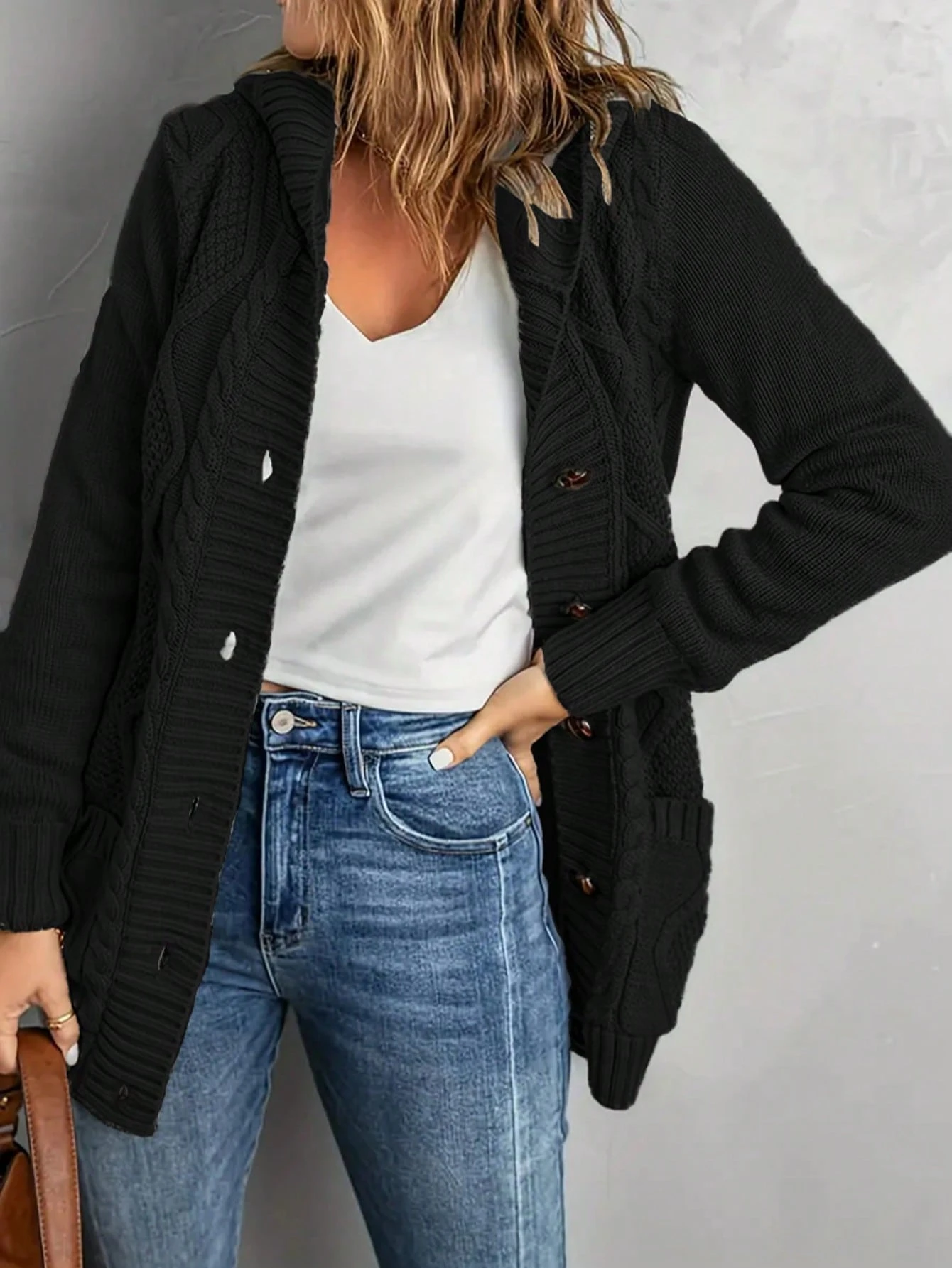 Women Plus Size Solid Color Pocket Jacket Elegant Casual Mature Long Sleeve Cardigan With Hood