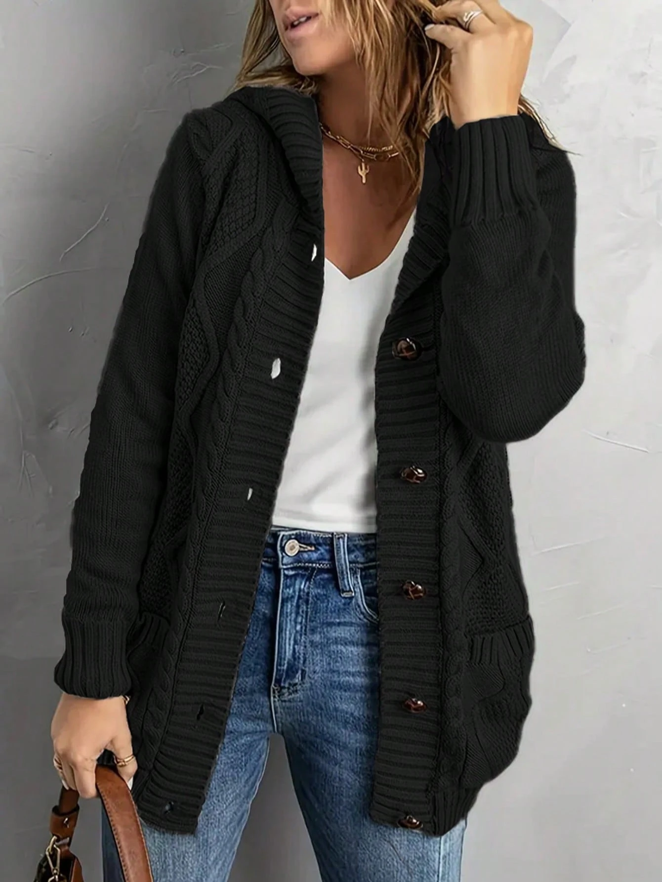 Women Plus Size Solid Color Pocket Jacket Elegant Casual Mature Long Sleeve Cardigan With Hood