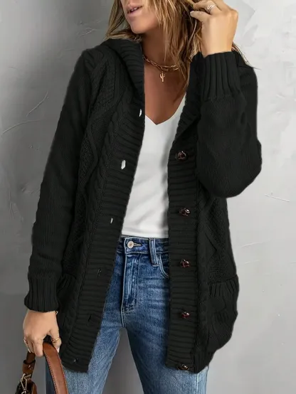 Women Plus Size Solid Color Pocket Jacket Elegant Casual Mature Long Sleeve Cardigan With Hood
