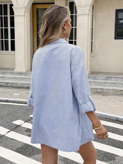 Women's Striped Long Sleeve Single-Breasted Shirt And Shorts Casual Two Pieces Set