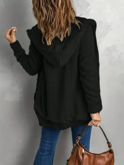 Women Plus Size Solid Color Pocket Jacket Elegant Casual Mature Long Sleeve Cardigan With Hood