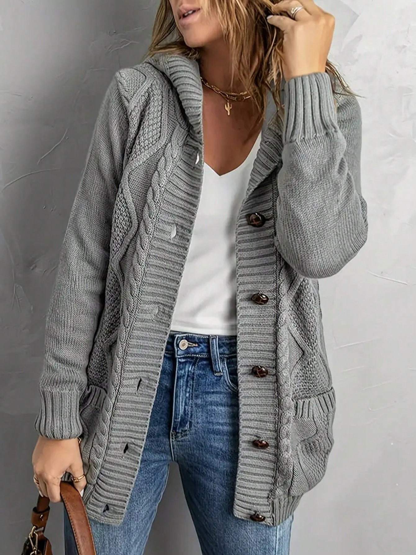 Women Plus Size Solid Color Pocket Jacket Elegant Casual Mature Long Sleeve Cardigan With Hood