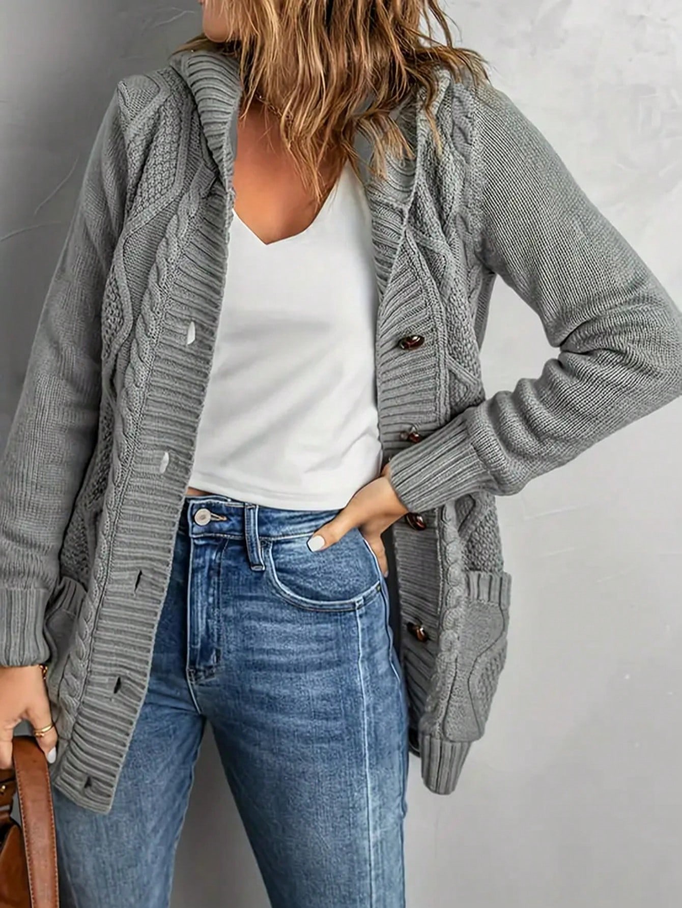 Women Plus Size Solid Color Pocket Jacket Elegant Casual Mature Long Sleeve Cardigan With Hood